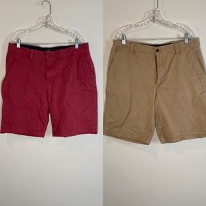 Bundle of 2 men’s khaki-style shorts, Nat Nast red shorts and Izod khaki shorts